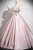 Pink Satin Sequins Long Prom Dress, Lovely A-Line Short Sleeve Party Dress HZ0429