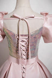 Pink Satin Sequins Long Prom Dress, Lovely A-Line Short Sleeve Party Dress HZ0429