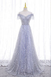 A-Line Tulle Sequins Long Prom Dress, Off the Shoulder Evening Party Dress HZ0429