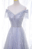 A-Line Tulle Sequins Long Prom Dress, Off the Shoulder Evening Party Dress HZ0429