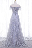 A-Line Tulle Sequins Long Prom Dress, Off the Shoulder Evening Party Dress HZ0429
