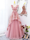 Pink Tulle Long Prom Dress with Flowers, Beautiful A-Line Sweet 16 Dress HZ0429