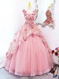 Pink Tulle Long Prom Dress with Flowers, Beautiful A-Line Sweet 16 Dress HZ0429