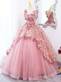 Pink Tulle Long Prom Dress with Flowers, Beautiful A-Line Sweet 16 Dress HZ0429