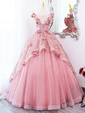 Pink Tulle Long Prom Dress with Flowers, Beautiful A-Line Sweet 16 Dress HZ0429