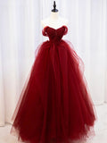 Burgundy Sweetheart Tulle Long Prom Dress with Beaded, Burgundy Party Dress HZ0429