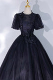 Black Tulle Lace Long A-Line Prom Dress, A-Line Short Sleeve Evening Gown HZ0429