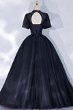 Black Tulle Lace Long A-Line Prom Dress, A-Line Short Sleeve Evening Gown HZ0429
