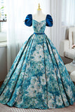 Blue Printed Long A-Line Prom Dress, Elegant Short Sleeve Formal Dress HZ0429