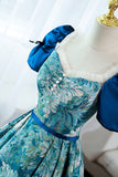 Blue Printed Long A-Line Prom Dress, Elegant Short Sleeve Formal Dress HZ0429