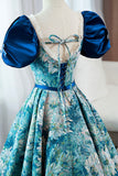 Blue Printed Long A-Line Prom Dress, Elegant Short Sleeve Formal Dress HZ0429