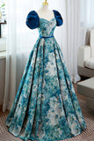 Blue Printed Long A-Line Prom Dress, Elegant Short Sleeve Formal Dress HZ0429