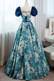 Blue Printed Long A-Line Prom Dress, Elegant Short Sleeve Formal Dress HZ0429