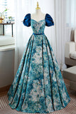 Blue Printed Long A-Line Prom Dress, Elegant Short Sleeve Formal Dress HZ0429