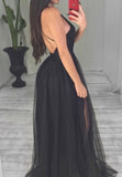 Black V-Neck Tulle Long Prom Dresses, A-Line Backless Evening Dresses HZ0429