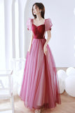 Burgundy Tulle Long Prom Dress, A-Line Short Sleeves Evening Dress HZ0429