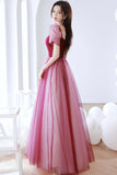Burgundy Tulle Long Prom Dress, A-Line Short Sleeves Evening Dress HZ0429