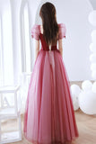 Burgundy Tulle Long Prom Dress, A-Line Short Sleeves Evening Dress HZ0429