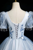 Blue Tulle Lace Long Prom Dress, Blue Short Sleeve Evening Party Dress HZ0429
