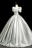 Gray Green Satin Long Prom Dress, A-Line Short Sleeve Party Dress HZ0429