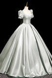 Gray Green Satin Long Prom Dress, A-Line Short Sleeve Party Dress HZ0429