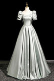 Gray Green Satin Long Prom Dress, A-Line Short Sleeve Party Dress HZ0429