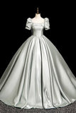 Gray Green Satin Long Prom Dress, A-Line Short Sleeve Party Dress HZ0429
