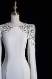 White Scoop Neckline Beading Long Prom Dress, Elegant Long Sleeve Party Dress HZ0429
