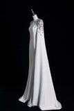 White Scoop Neckline Beading Long Prom Dress, Elegant Long Sleeve Party Dress HZ0429