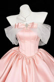 Pink Off Shoulder Satin Mini Prom Dress - Princess Party Gown HZ0429