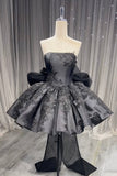 Black Satin Lace Short Prom Dress, Cute A-Line Strapless Evening Party Dress HZ0429