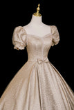 Champagne A-Line Satin Floor Length Prom Dress, Elegant Short Sleeve Evening Party Dress HZ0429