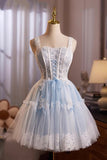 Blue Tulle Lace Short Prom Dress, Lovely A-Line Homecoming Party Dress HZ0429