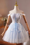 Blue Tulle Lace Short Prom Dress, Lovely A-Line Homecoming Party Dress HZ0429