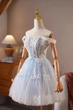 Blue Tulle Lace Short Prom Dress, Lovely A-Line Homecoming Party Dress HZ0429