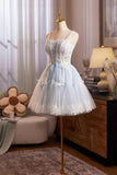 Blue Tulle Lace Short Prom Dress, Lovely A-Line Homecoming Party Dress HZ0429
