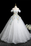 White Floral Long Party Dress, Lovely A-Line Off the Shoulder Evening Prom Dress HZ0429