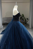 Blue Strapless Tulle Beaded Long Prom Dress, Beautiful A-Line Formal Evening Dress HZ0429