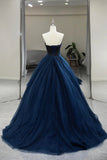 Blue Strapless Tulle Beaded Long Prom Dress, Beautiful A-Line Formal Evening Dress HZ0429