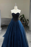 Blue Strapless Tulle Beaded Long Prom Dress, Beautiful A-Line Formal Evening Dress HZ0429