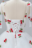 White Cherry Floor Length Prom Dresses, A-Line Ruffle Tulle Spaghetti Straps Princess Evening Dresses HZ0429