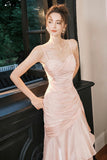 Blush Pink Satin Spaghetti Strap Evening Dress Ruffled Mermaid Formal Gown HZ0429