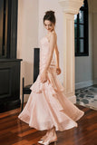 Blush Pink Satin Spaghetti Strap Evening Dress Ruffled Mermaid Formal Gown HZ0429
