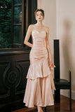 Blush Pink Satin Spaghetti Strap Evening Dress Ruffled Mermaid Formal Gown HZ0429
