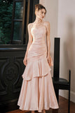 Blush Pink Satin Spaghetti Strap Evening Dress Ruffled Mermaid Formal Gown HZ0429