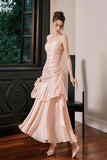 Blush Pink Satin Spaghetti Strap Evening Dress Ruffled Mermaid Formal Gown HZ0429