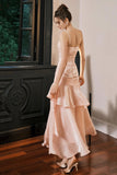 Blush Pink Satin Spaghetti Strap Evening Dress Ruffled Mermaid Formal Gown HZ0429
