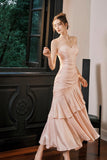 Blush Pink Satin Spaghetti Strap Evening Dress Ruffled Mermaid Formal Gown HZ0429