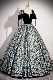 Black Velvet and Floral Pattern Long Prom Dress, Elegant A-Line Party Dress HZ0429