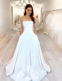 White Strapless Satin Long Prom Dresses, A-Line Formal Evening Dresses HZ0429
